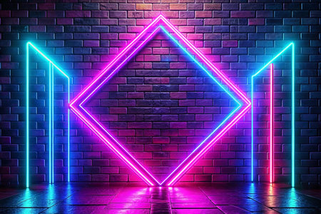 Neon light frame, brick wall background, vibrant colors, modern design, ideal for event promotionの素材