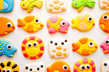 Colorful animal-shaped cookies arranged on white background.の素材