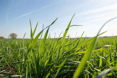 Lush green wheat field, sunny spring day, rural landscape, agricultureの素材
