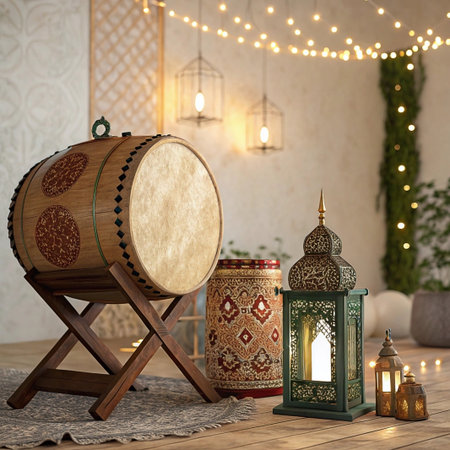 Festive Ramadan scene with Bedug drum, lanterns, and string lights.の素材