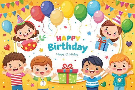 Children celebrating birthday party, balloons, gifts. Kids' party backgroundの素材