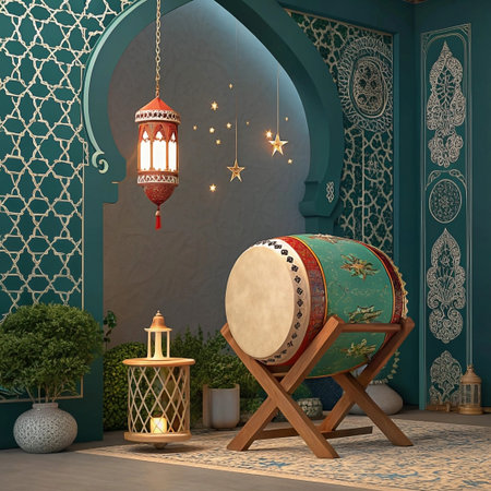 Ramadan drum in ornate teal room with lanterns.の素材