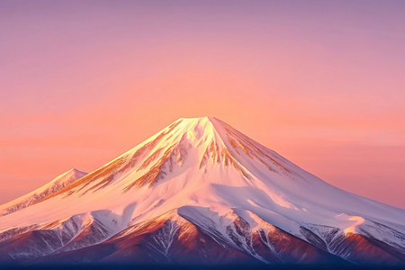 Majestic snow-capped mountain at sunrise, bathed in soft pink and orange light.の素材