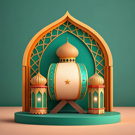 Ramadan drum with lanterns and ornate archway on teal background.の素材