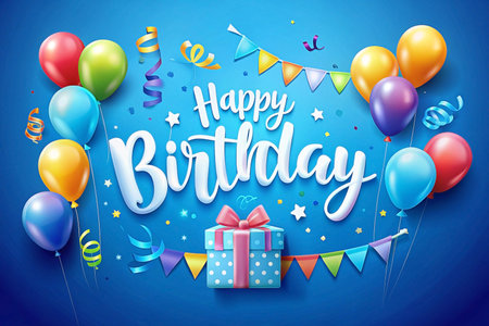 Festive Happy Birthday greeting with balloons, gift, confetti, and bunting on blue background.の素材