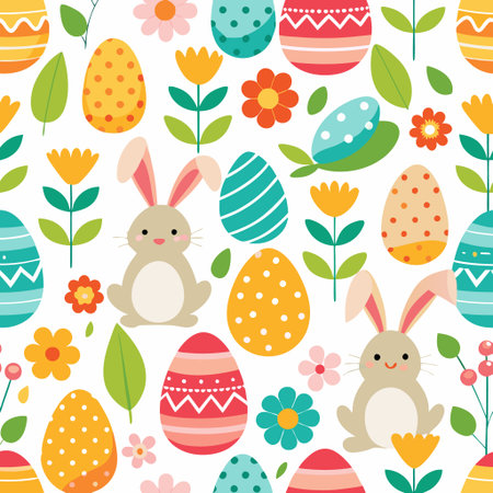 Easter eggs, bunnies, and flowers create a cheerful, repeating patternの素材