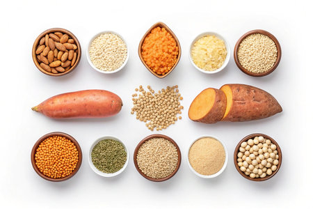 Flat lay of various healthy foods including lentils, soybeans, quinoa, almonds, and sweet potatoes.の素材