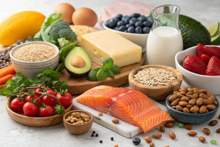 Healthy food assortment salmon, eggs, fruits, vegetables, nuts, cheese, grains & dairy.の素材