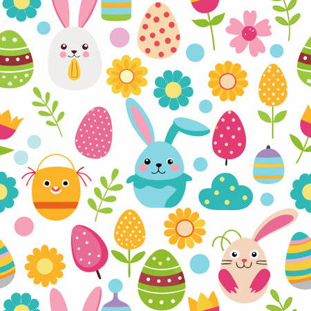 Cute Easter pattern with bunnies, eggs, flowers, and other spring elementsの素材