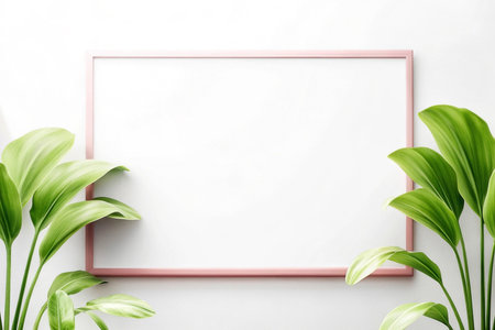 Blank pink frame mockup with tropical leaves on white background.の素材