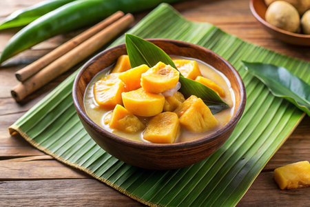 Sweet potato dessert, coconut milk, Asian cuisine, wooden table, tropical settingの素材