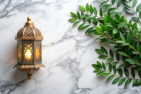 Lit lantern, greenery, marble background, Ramadan greetingの素材