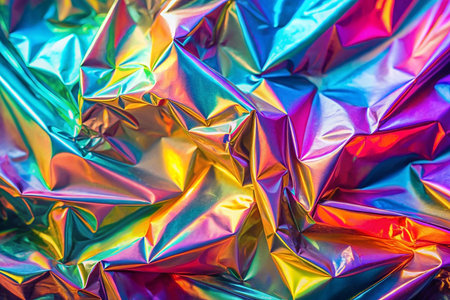 Iridescent foil texture, crumpled, studio, colorful background, designの素材