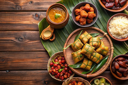 Festive Asian food platter, wooden table, banana leaf, holiday background, recipeの素材
