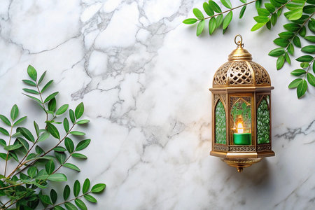 Ramadan lantern, marble, greenery, candlelight, festive greetingの素材