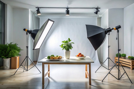 Studio still life photography setup, fruit, plants, white backdropの素材