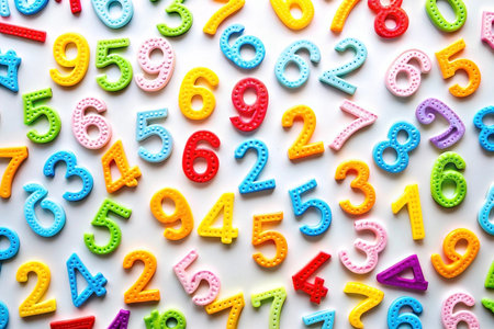 Colorful plastic numbers scattered on white background.の素材