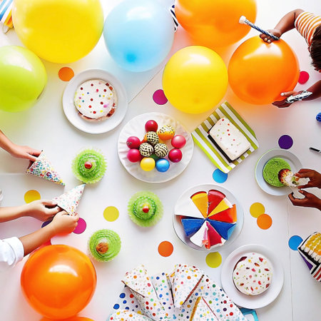 Overhead view of children celebrating a birthday with colorful balloons, cake, and treats.の素材