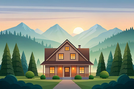 Cozy mountain house at sunset, nestled among evergreen trees.の素材