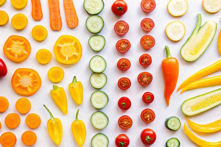 Colorful sliced vegetables arranged in rows on white background.の素材
