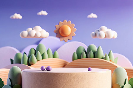 Pastel 3D rendered landscape with sun, clouds, hills, and a circular platform.の素材