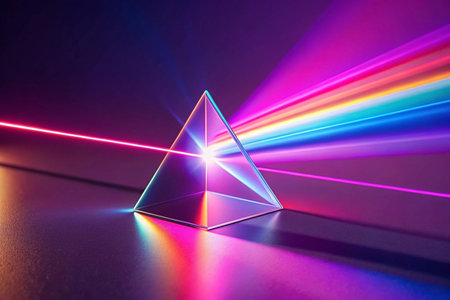 Prism refracting laser light; spectrum; dark background; science educationの素材