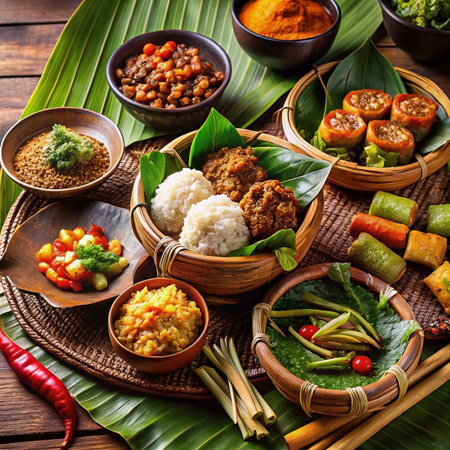 Assorted Asian dishes on a woven tableの素材