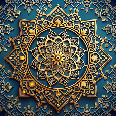 Intricate gold patterned mandala on a deep blue backgroundの素材