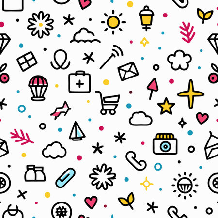 Whimsical, colorful pattern of simple line art iconsの素材
