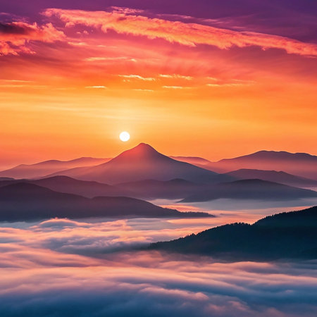 Vibrant sunrise over misty mountain range. (1)の素材