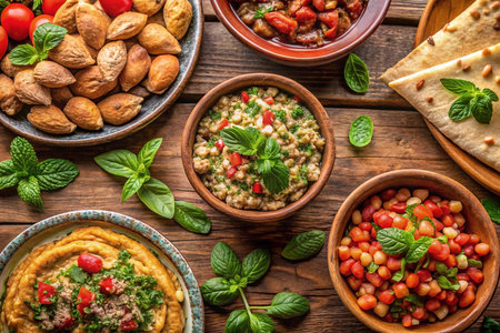 Overhead view of a rustic wooden table laden with various Middle Eastern dishes, including hummus, tabbouleh, and other mezze.の素材
