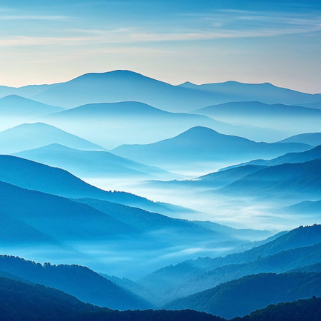 Misty blue mountainscape at dawn, showcasing layers of hills and valleys shrouded in fog.の素材
