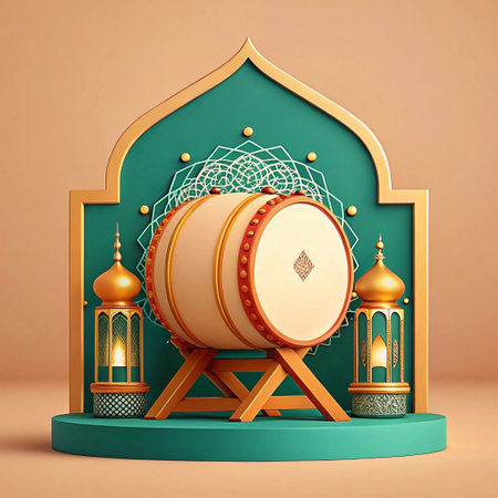 Bedug drum on stand with ornate lanterns and arch.の素材