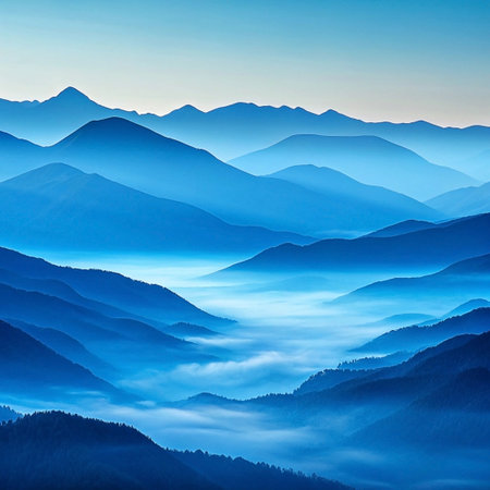Serene blue mountain range with mist-filled valley at sunrise.の素材