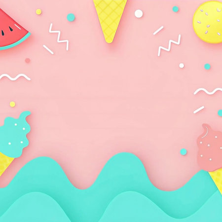 Summertime fun ice cream, watermelon, and turquoise waves on pink background.の素材