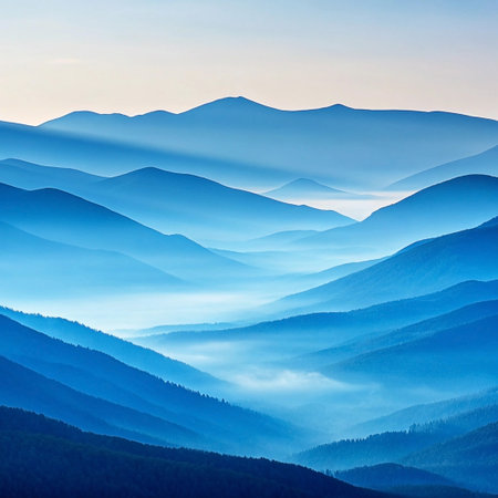 Serene blue mountain range at sunrise with mist-filled valleys.の素材