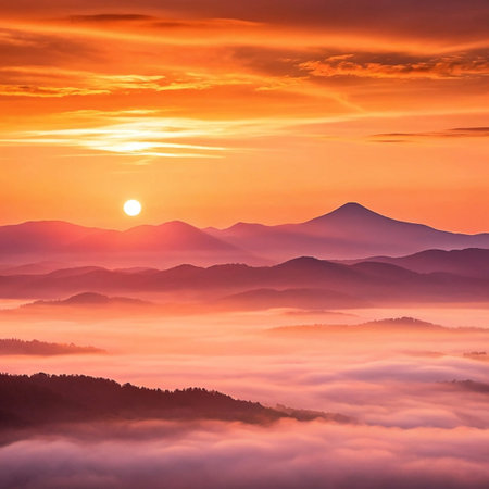 Vibrant sunrise over misty mountain range. (2)の素材