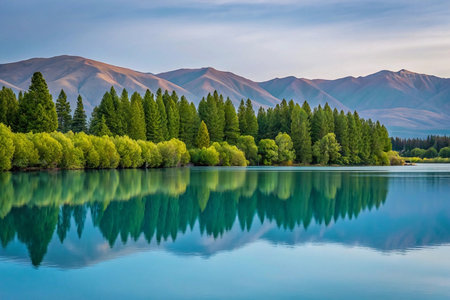 Serene lake reflecting mountains and trees at dawn.の素材