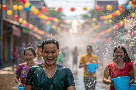 A vibrant street celebration with water splashingの素材