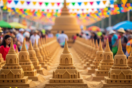 Elaborate sand pagoda displays, vibrant festival atmosphereの素材