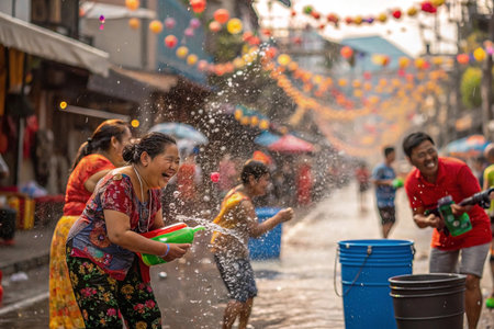 Street festival celebration with water splashingの素材