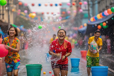 A vibrant street celebration filled with joyful splashing and laughterの素材