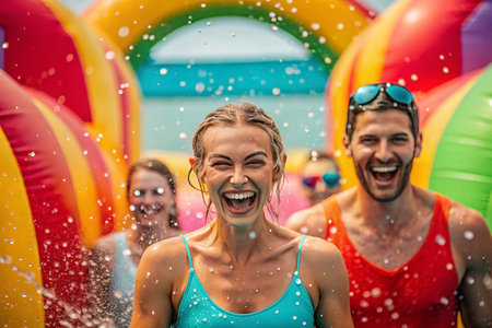 Happy friends enjoying inflatable water park funの素材