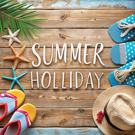 Summer holiday beach wood background messageの素材