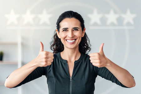 Happy woman gives thumbs up, five-star background, office setting, customer satisfactionの素材