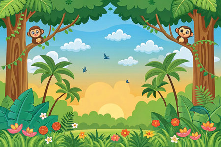 Monkeys jungle sunset background illustrationの素材