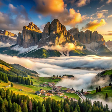 Sunrise over misty alpine valley, majestic peaks, scenic villageの素材