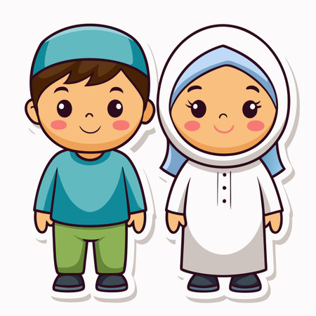 Two cartoon kids, one with a hijab, the other with a cap. Simple, cute, and colorfulのイラスト素材