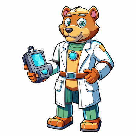 Cute cartoon bear scientist holding a deviceのイラスト素材