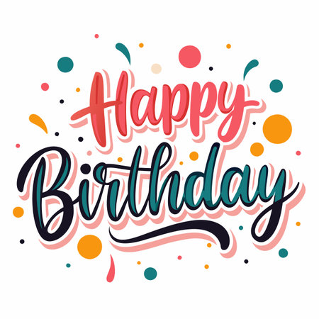 Birthday greeting card with colorful text and confetti decoration on a white backgroundのイラスト素材